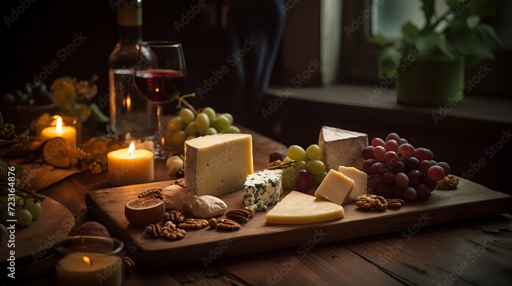 Rustic Elegance: Gourmet Cheese Board with Wine by Candlelight
