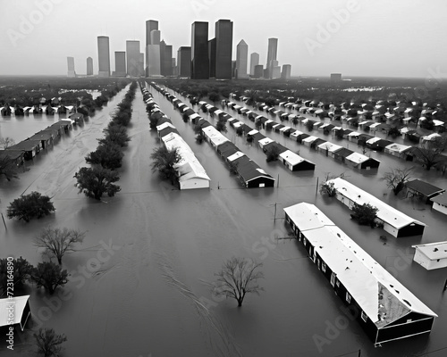 Submerged City - Houston's skyline disappearing under massive floodwaters Gen AI photo