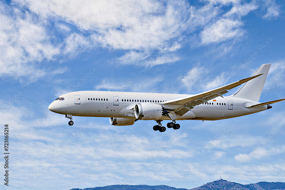Obraz premium Passenger plane landing at the airport, under a blue sky with white clouds 