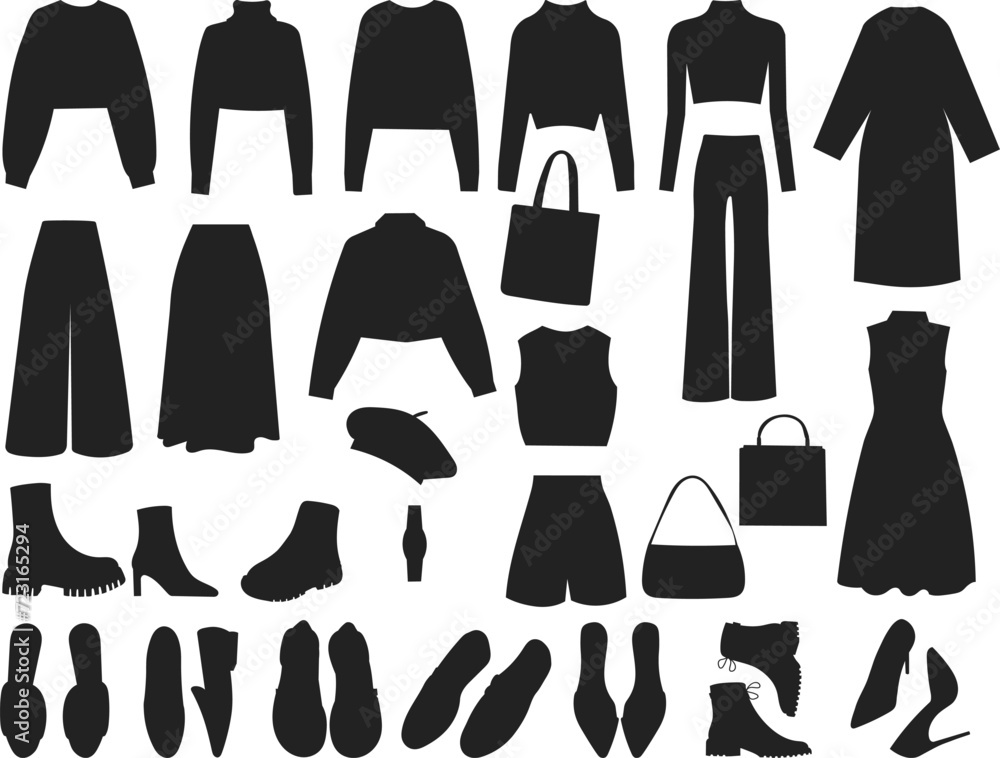 women's clothing set silhouette on white background, vector women's clothing set silhouette on white background, vector
