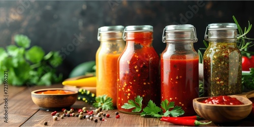 Modern kitchen with variety of spicy sauces in bottles