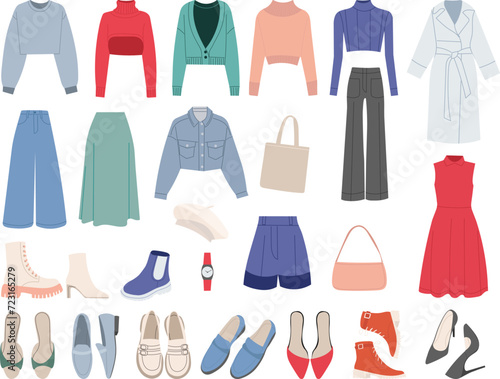 set of fashionable women's clothing on a white background, vector