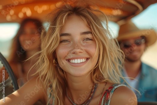 A joyous woman captures her radiant smile in a sun-kissed selfie, her long blonde hair framing her happy face adorned with a trendy fashion accessory, showcasing her carefree surfer style