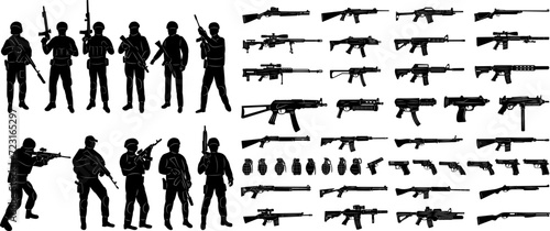 soldiers and weapons set silhouette on white background, vector