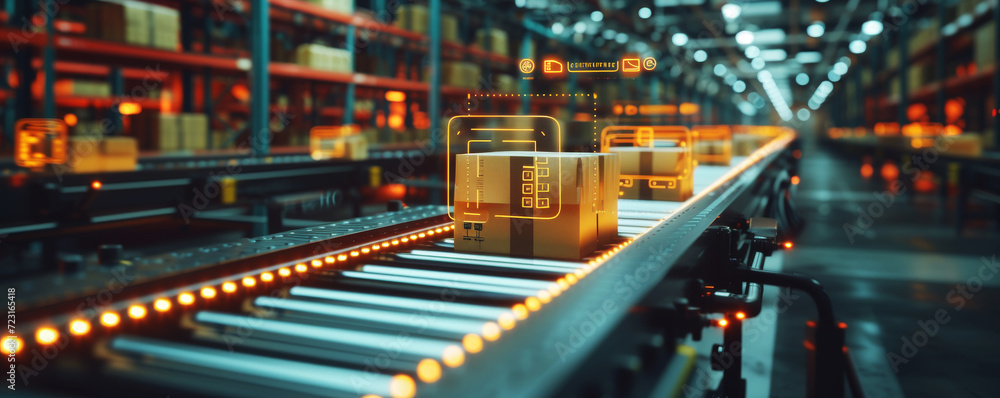 Modern Automated Warehouse Conveyor System with Glowing Lights.
Conveyor belt in warehouse with orange glowing lights.
Modern Automated Warehouse Conveyor System with Glowing Lights.
Conveyor belt in warehouse with orange glowing lights.