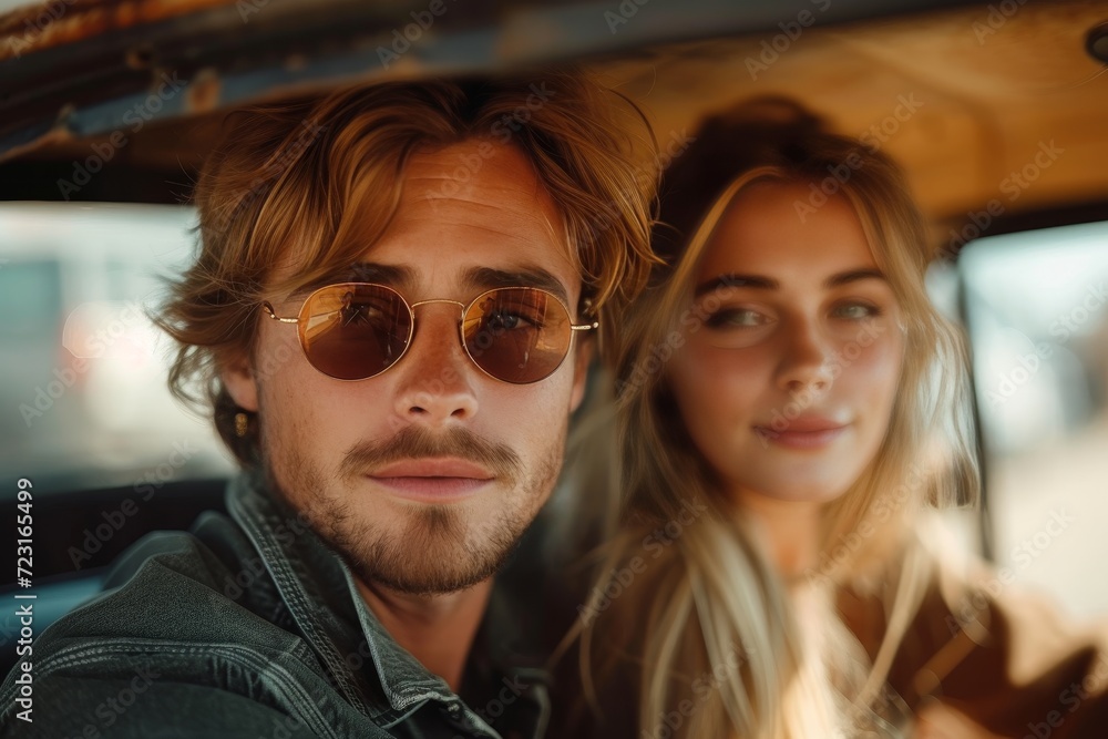 A stylish couple flaunting their cool eyewear, radiating confidence and a hint of mystery through their matching sunglasses and charming smiles A stylish couple flaunting their cool eyewear, radiating confidence and a hint of mystery through their matching sunglasses and charming smiles