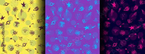 Set of seamless patterns about space, children's print for printing on the surface. UFO. Pink, blue, yellow. Stock vector background. For nursery, posters, prints on fabric. 