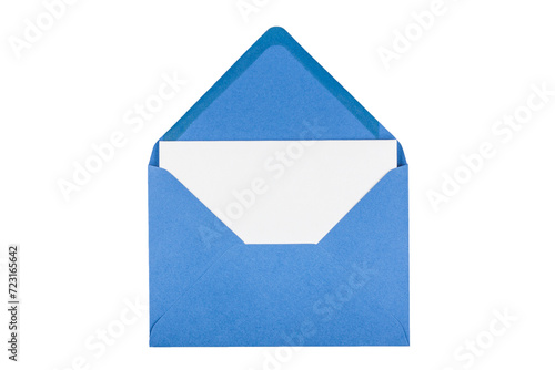 Empty white greeting card in a blue envelope isolated on a white background