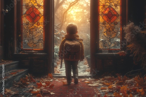 A child stands before a painted window, clad in autumn clothing, contemplating the art and the world beyond the indoor threshold