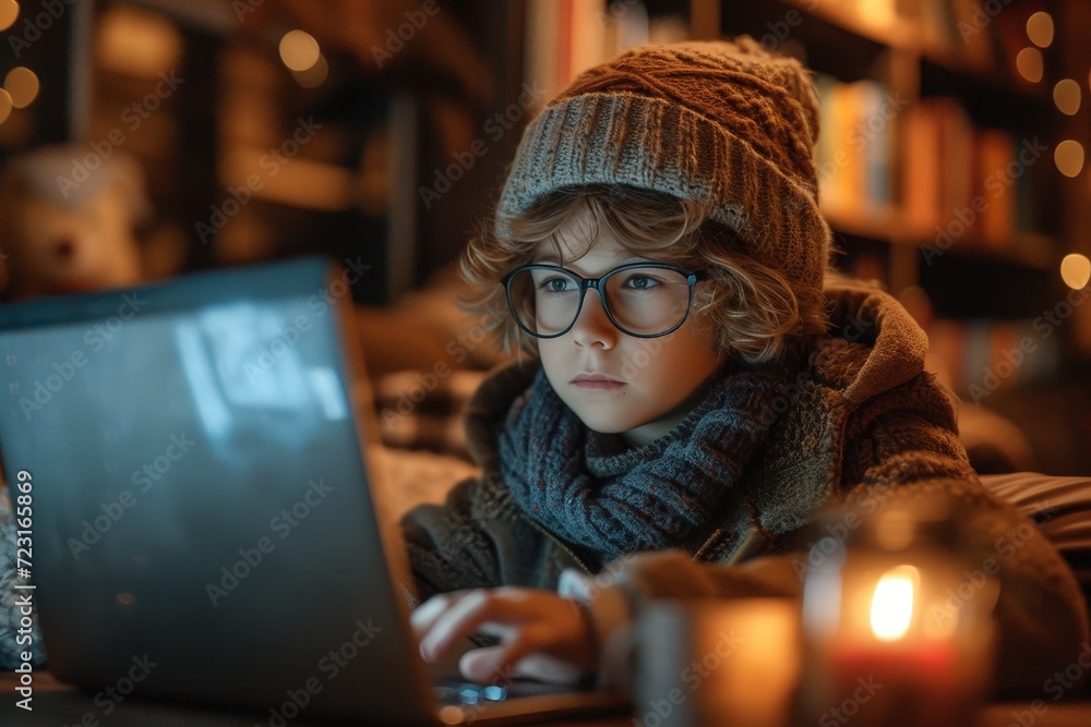 A studious young girl sits by a flickering candle, her glasses reflecting the soft glow as she types away on her laptop, bundled up in a cozy knitted hat while sitting comfortably on her lap A studious young girl sits by a flickering candle, her glasses reflecting the soft glow as she types away on her laptop, bundled up in a cozy knitted hat while sitting comfortably on her lap