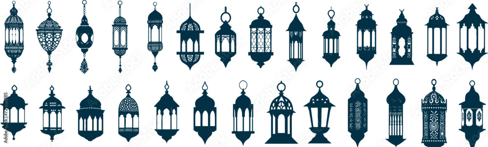 Elegant set of varied traditional lantern silhouettes, ideal for festive and cultural celebration themes. Ramadan lamp set in arabic style. Cartoon vector illustration design. Elegant set of varied traditional lantern silhouettes, ideal for festive and cultural celebration themes. Ramadan lamp set in arabic style. Cartoon vector illustration design.