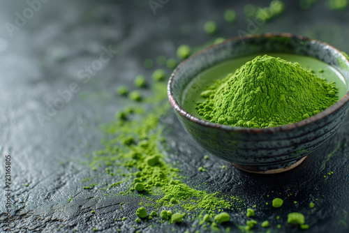 Green tea matcha close-up. Dry green tea. Macro of a match. Powder, match tea. Bamboo Matcha Tea Whisk also know as chasen. japan green match tea