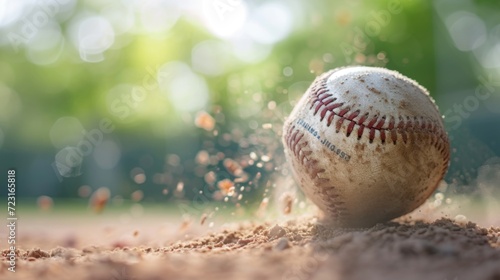 A baseball on the ground making the ground splashed the dirt, baseball, on baseball field with green background, Generative AI