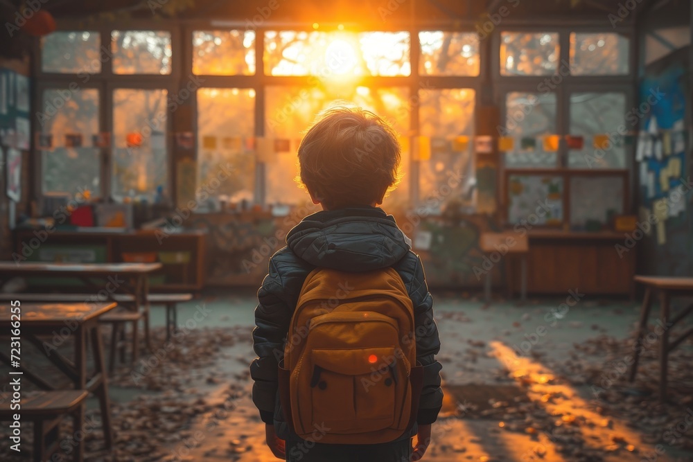 A bundled-up child sits at a desk in a winter classroom, surrounded by furniture and wearing a backpack, as they learn and grow both indoors and out