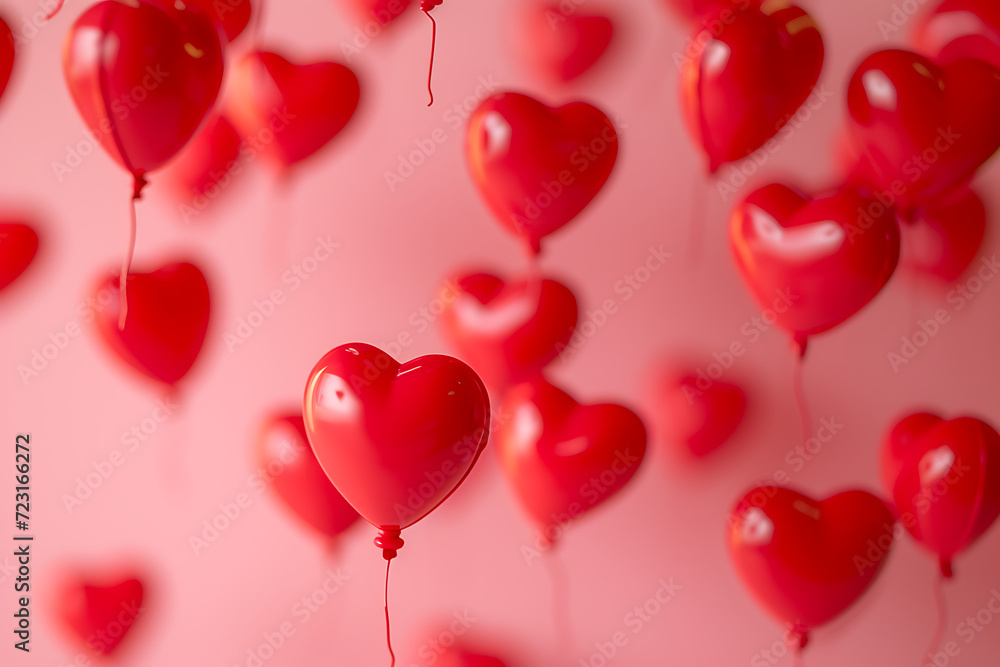 a large group of red heart balloons floating on a pin