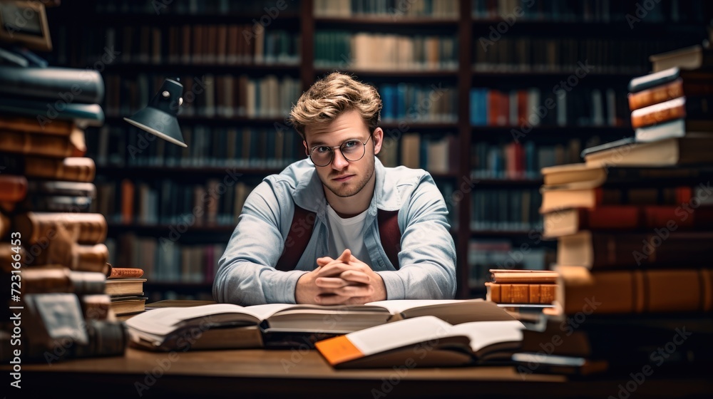 Medical student learning and reading in library, AI generated, copy space for text Medical student learning and reading in library, AI generated, copy space for text