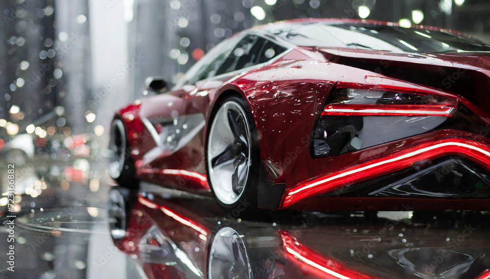 Elegant, futuristic, shiny car of the future with white tail lights in rain