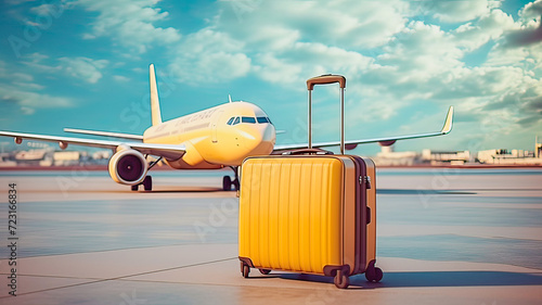 suitcases stand against the background of an airplane