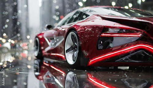 Elegant, futuristic, shiny car of the future with white tail lights in rain © p.a.peciak