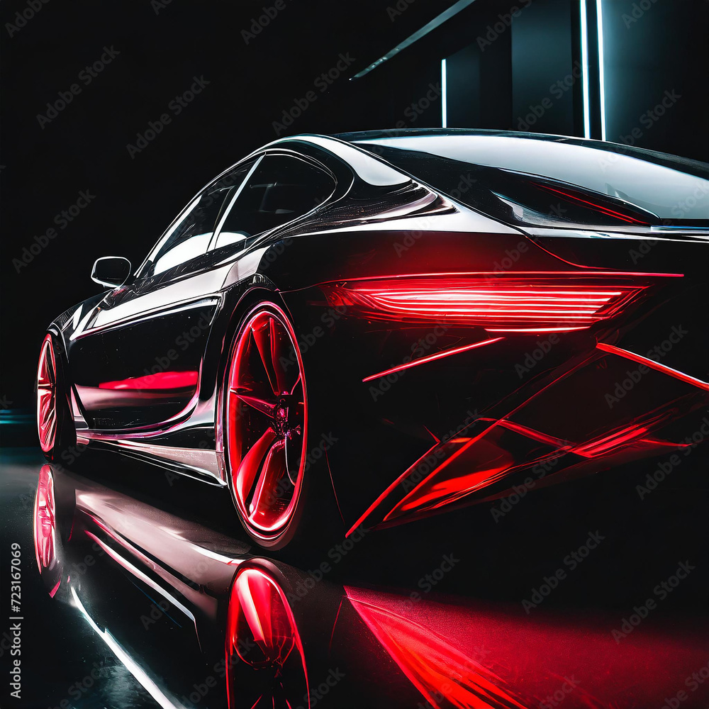 Elegant, futuristic, shiny car of the future, red tail lights