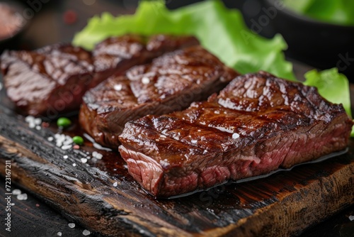 Grilled dry aged wagyu beef on a charred wooden board with lettuce and salt