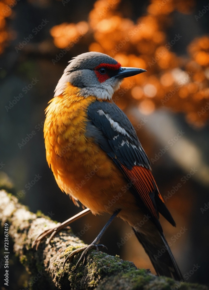 Medium shot, Gray and red feathers on a bird, in the style of yellow and orange, northern china's terrain, moody lighting.