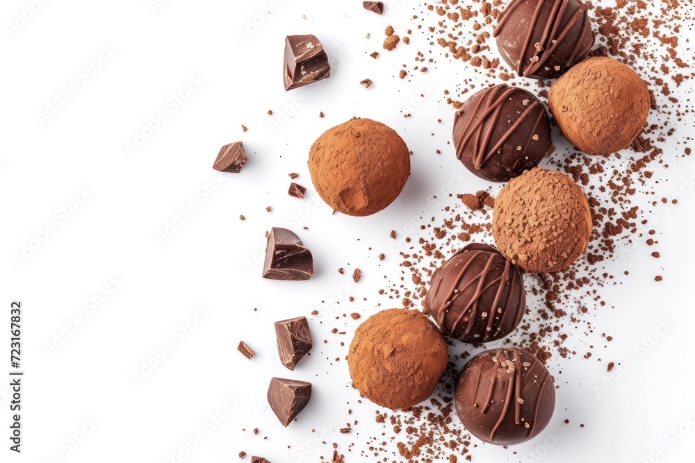 Top view of cocoa covered chocolate truffles on a white background Top view of cocoa covered chocolate truffles on a white background