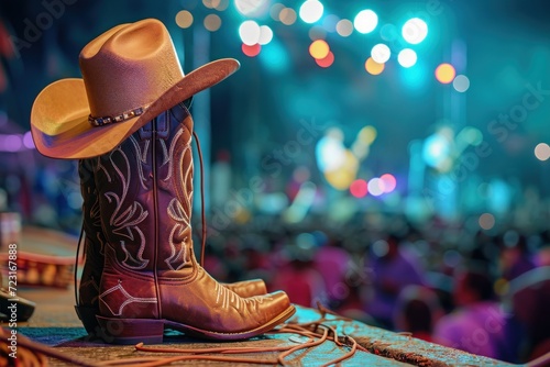 Live concert at a country music festival featuring cowboy hats boots and ranch stables