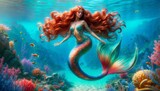 Enchanting Mermaid with and Iridescent Shiny Scales and Red Hair in Aquamarine Ocean, 4k wallpaper, Fantasy Background