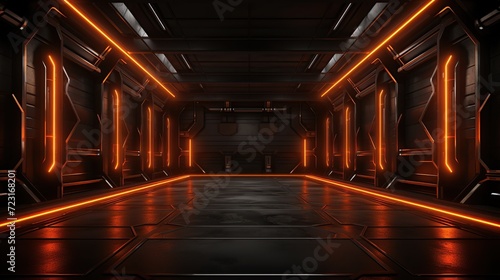Futuristic dark room in with beautiful red Lighting. Sci-Fi neon glowing lamps in a dark hall. © meta