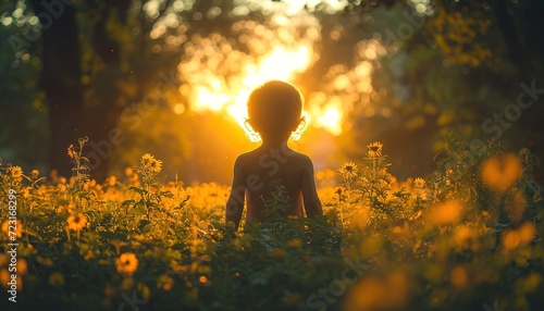 Image of a child exploring nature, conveying the curiosity and wonder of childhood through a candid shot in a park. AI generated image photo