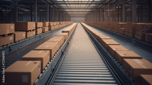 Large modern distribution warehouse with cardboard boxes on distribution belt. AI Generated