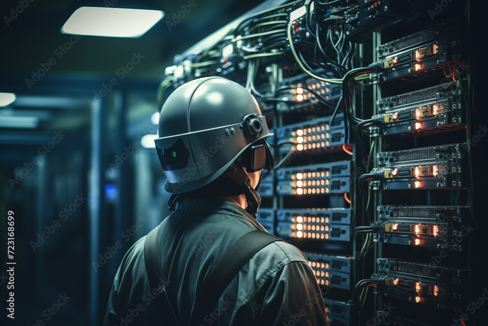 Technician inspecting server room infrastructure Technician inspecting server room infrastructure