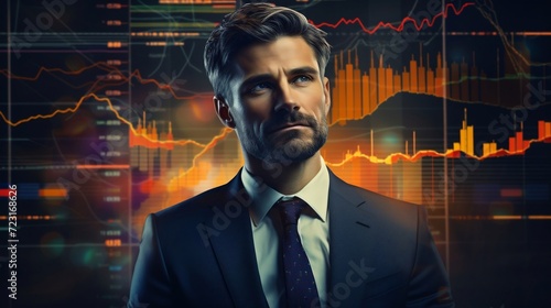 Portrait of a handsome businessman in a suit and tie on abstract background with chart. Stock market concept.