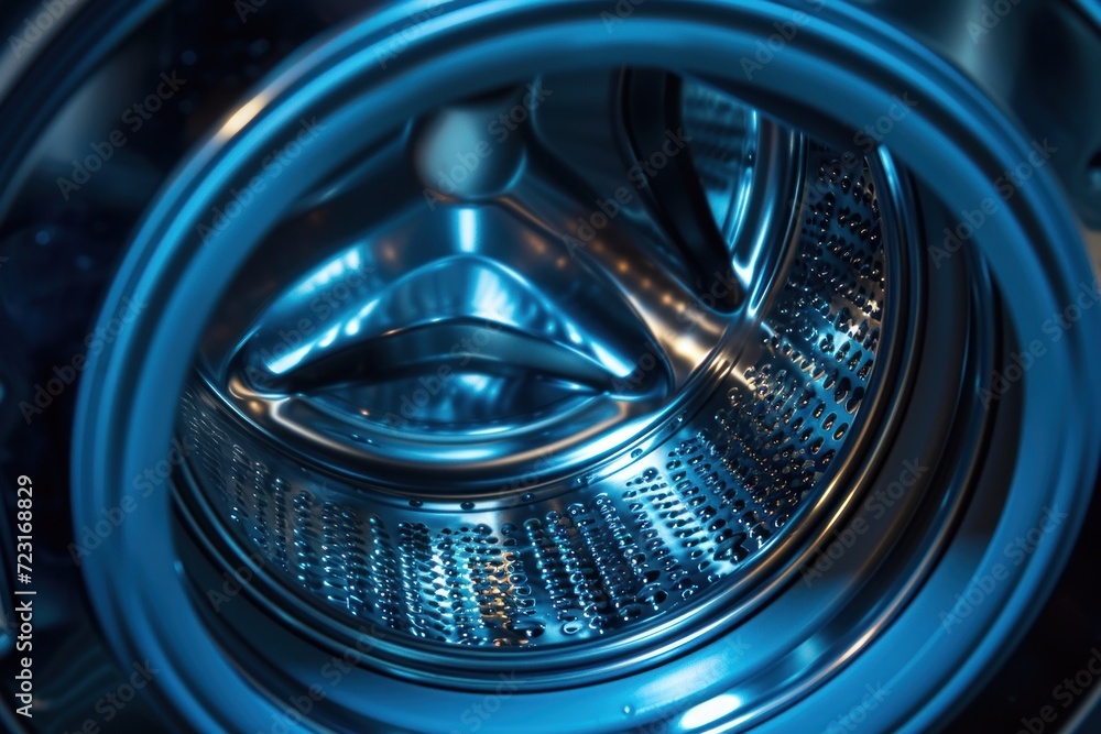 Close up perspective of the cool dark colored interior of a blue washing machine drum