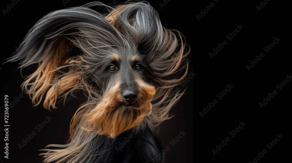 Naklejka premium A dog with long hair blowing in the wind in style of fashion editorial. Dog coat on dark background.