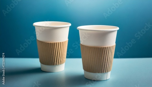 an eye-catching digital artwork showcasing two disposable paper cups against a calming blue background. Focus on the subtle details of the cups and the soothing tones of the background, creating a com