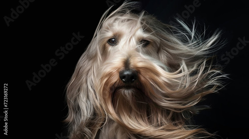 A dog with long hair blowing in the wind in style of fashion editorial. Dog coat on dark background. photo