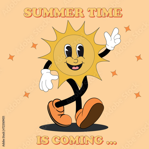Retro groovy Poster with cute character The sun. Cartoon isolated funny comic character The sun. Retro hippie badges collection
