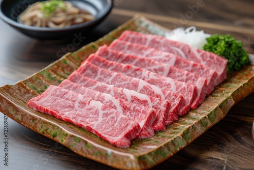 High marbled Wagyu A5 beef served on a square wooden plate for Sukiyaki and Shabu
