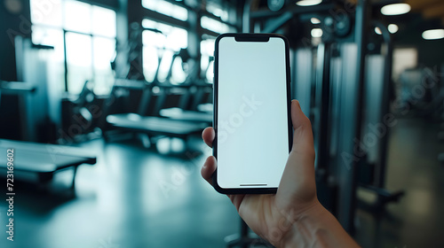 Hand holding an isolated smartphone device with blank empty white screen in a gym, sport communication technology concept