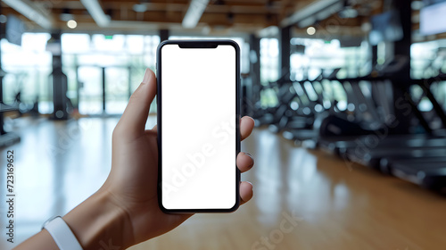 Hand holding an isolated smartphone device with blank empty white screen in a gym, sport communication technology concept