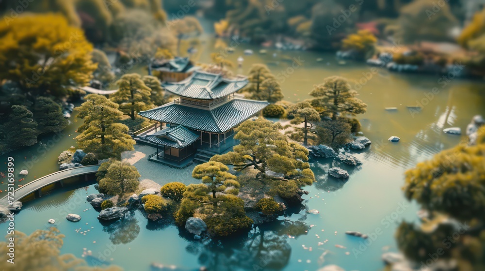 Mesmerizing bird's-eye view of a meticulously designed Japanese classical garden resembling a miniature representation.