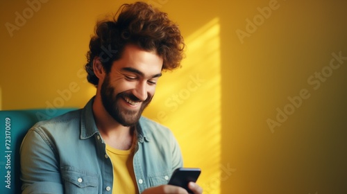 Happy man holding cell phone using smartphone device at home. Man enjoying online browsing or chat on mobile smartphone.
