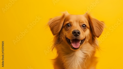 Fényképezés Cute puppy on yellow background. Happy puppy dog smiling.