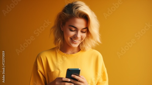 Happy young woman holding smartphone, scrolling, doing online ecommerce shopping in mobile apps. Woman messaging on phone on yellow background.