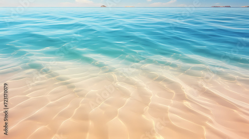 Sandy beach with light blue transparent water waves and sunlight  tranquil aerial beach scene