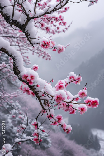 Pink Petals in Snow Background