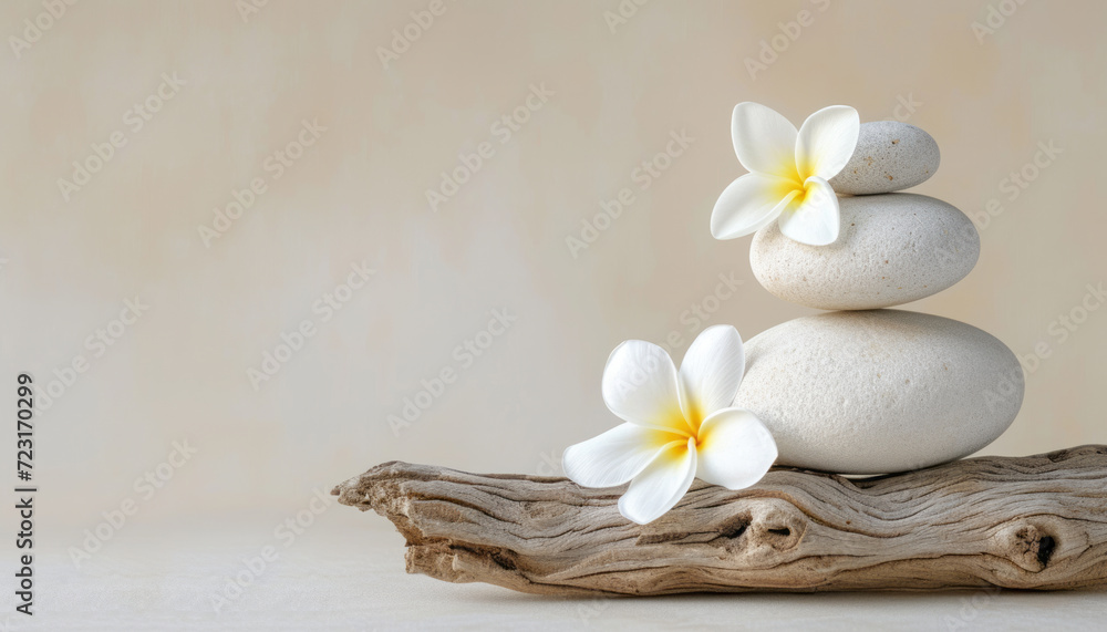 Meditation, zen, spa background with balanced stack pebble and flowers.