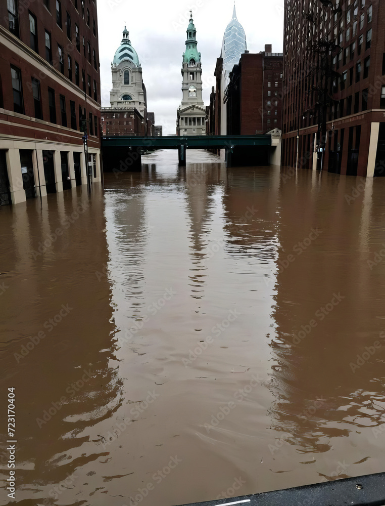 Urban Philadelphia Submerged in Massive Flood Evacuation Zones and Flood Barriers Gen AI Stock